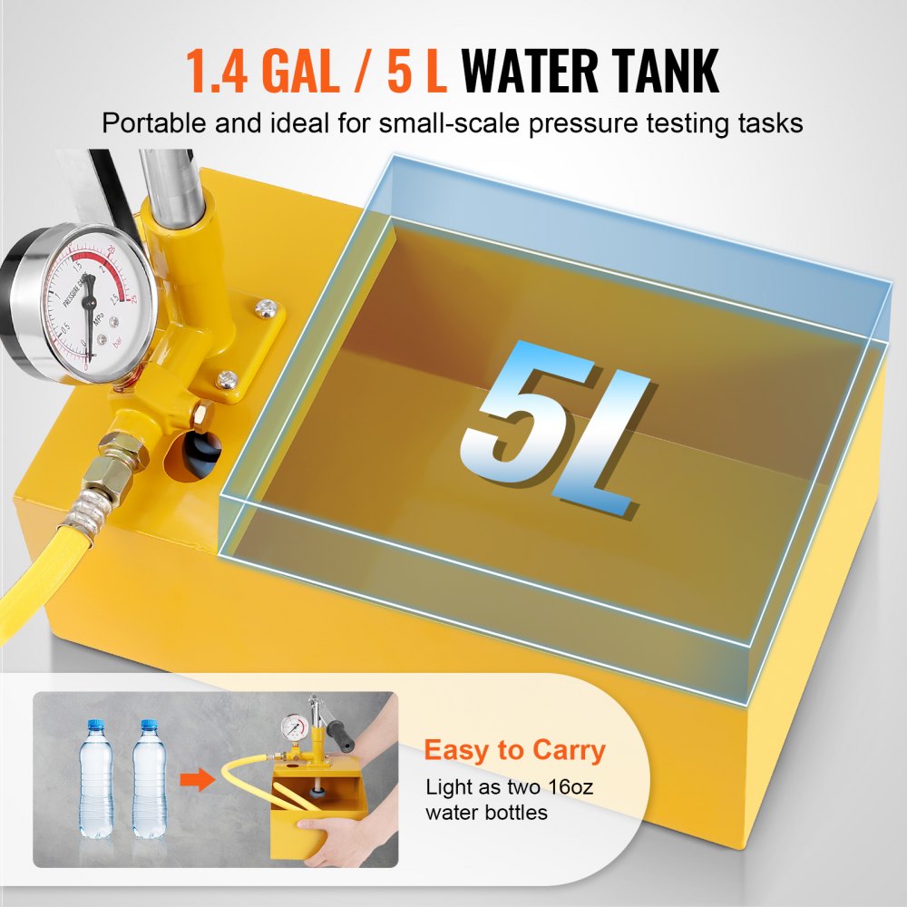 VEVOR Bomba de Prueba Hidrostática 25 Bar Kit de Probador de Presión de Agua Manual Hidráulico de Válvula Simple con Tanque de Agua 5L Manguera de 1m con Conector de Rosca Externa de 1/2" para Tubería