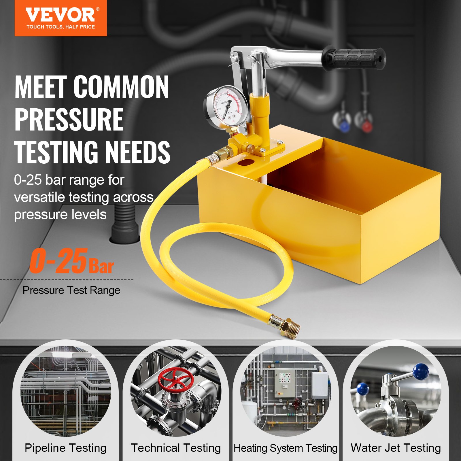 VEVOR Bomba de Prueba Hidrostática 25 Bar Kit de Probador de Presión de Agua Manual Hidráulico de Válvula Simple con Tanque de Agua 5L Manguera de 1m con Conector de Rosca Externa de 1/2" para Tubería