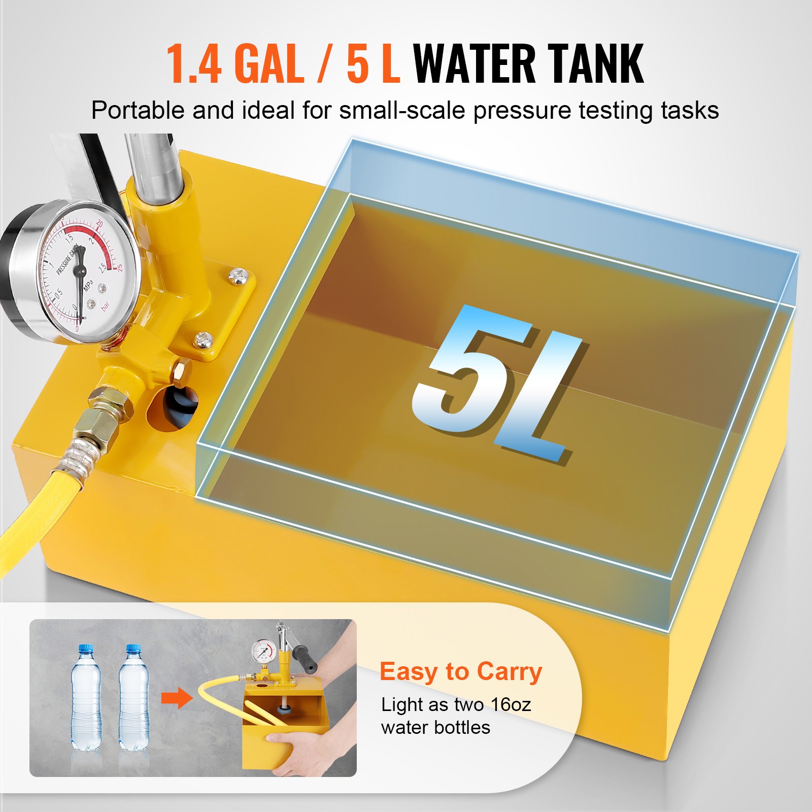 VEVOR Bomba de Prueba Hidrostática 25 Bar Kit de Probador de Presión de Agua Manual Hidráulico de Válvula Simple con Tanque de Agua 5L Manguera de 1m con Conector de Rosca Externa de 1/2" para Tubería