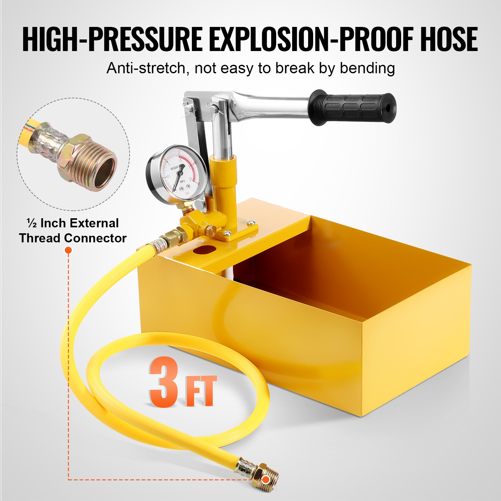 VEVOR Bomba de Prueba Hidrostática 25 Bar Kit de Probador de Presión de Agua Manual Hidráulico de Válvula Simple con Tanque de Agua 5L Manguera de 1m con Conector de Rosca Externa de 1/2" para Tubería