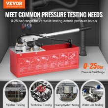 Bomba de prueba hidrostática VEVOR, máx. 25 bar/362 PSI, kit de comprobador de presión de agua manual hidráulico de doble válvula con manómetro, tanque de agua de 2,8 galones, manguera de 4,6 pies con conector de rosca externa de 1/2 pulgada para tubería