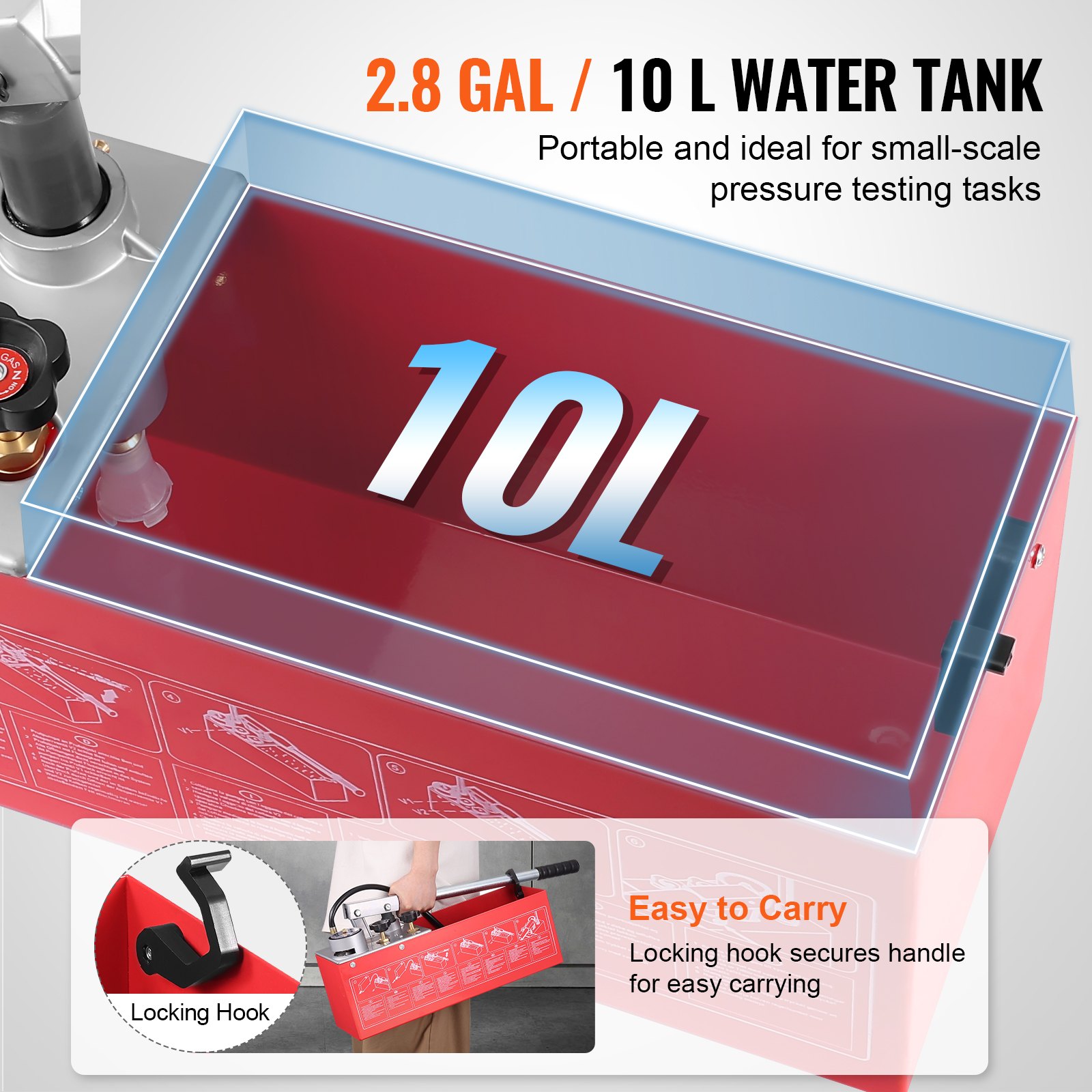 Bomba de prueba hidrostática VEVOR, máx. 25 bar/362 PSI, kit de comprobador de presión de agua manual hidráulico de doble válvula con manómetro, tanque de agua de 2,8 galones, manguera de 4,6 pies con conector de rosca externa de 1/2 pulgada para tubería