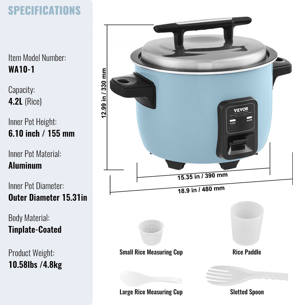 Olla arrocera comercial VEVOR de 50 tazas, olla arrocera grande de 10 litros con olla interior antiadherente, cocción rápida y mantenimiento del calor durante 24 horas, con taza y paleta para arroz, para restaurante.