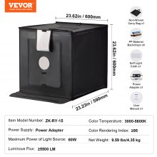 Caja de luz para estudio fotográfico VEVOR de 24" x 24", 3000-5600 K, 3 temperaturas de color ajustables