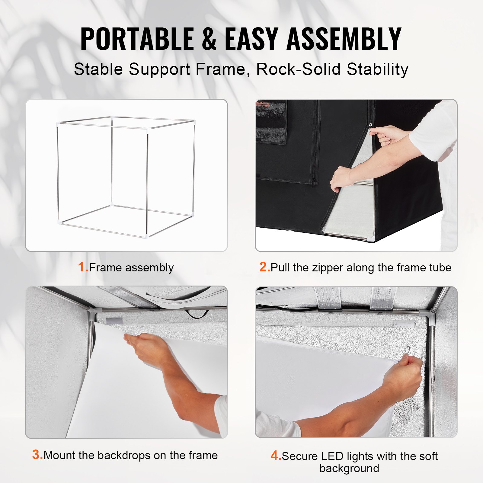 Caja de luz para estudio fotográfico VEVOR, 99 x 99 cm, 5600 K, kit profesional para sesiones de fotos con 210 luces LED, 5 fondos, adaptador de corriente, tela suave y esquineros, alto CRI ≥ 95 para fotografía de productos.