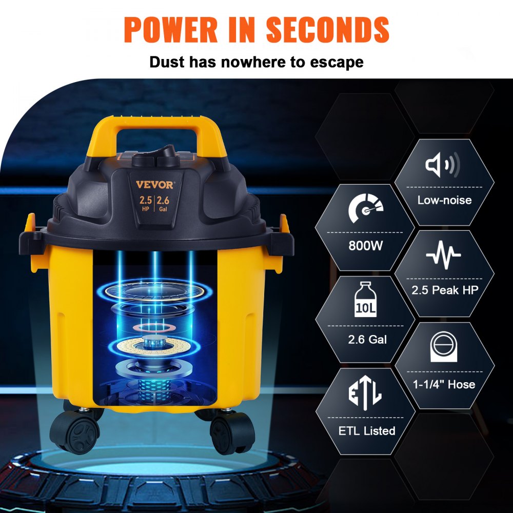 Aspiradora en seco y húmedo VEVOR, 2.6 galones, 2.5 HP pico, aspiradora portátil 3 en 1 para taller con función de soplado, almacenamiento de accesorios, perfecta para limpiar pisos, tapicería, espacios y automóviles, color negro/amarillo, certificación ETL