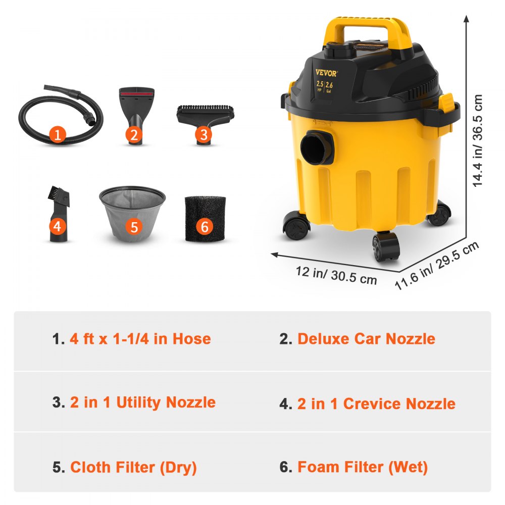 Aspiradora en seco y húmedo VEVOR, 2.6 galones, 2.5 HP pico, aspiradora portátil 3 en 1 para taller con función de soplado, almacenamiento de accesorios, perfecta para limpiar pisos, tapicería, espacios y automóviles, color negro/amarillo, certificación ETL