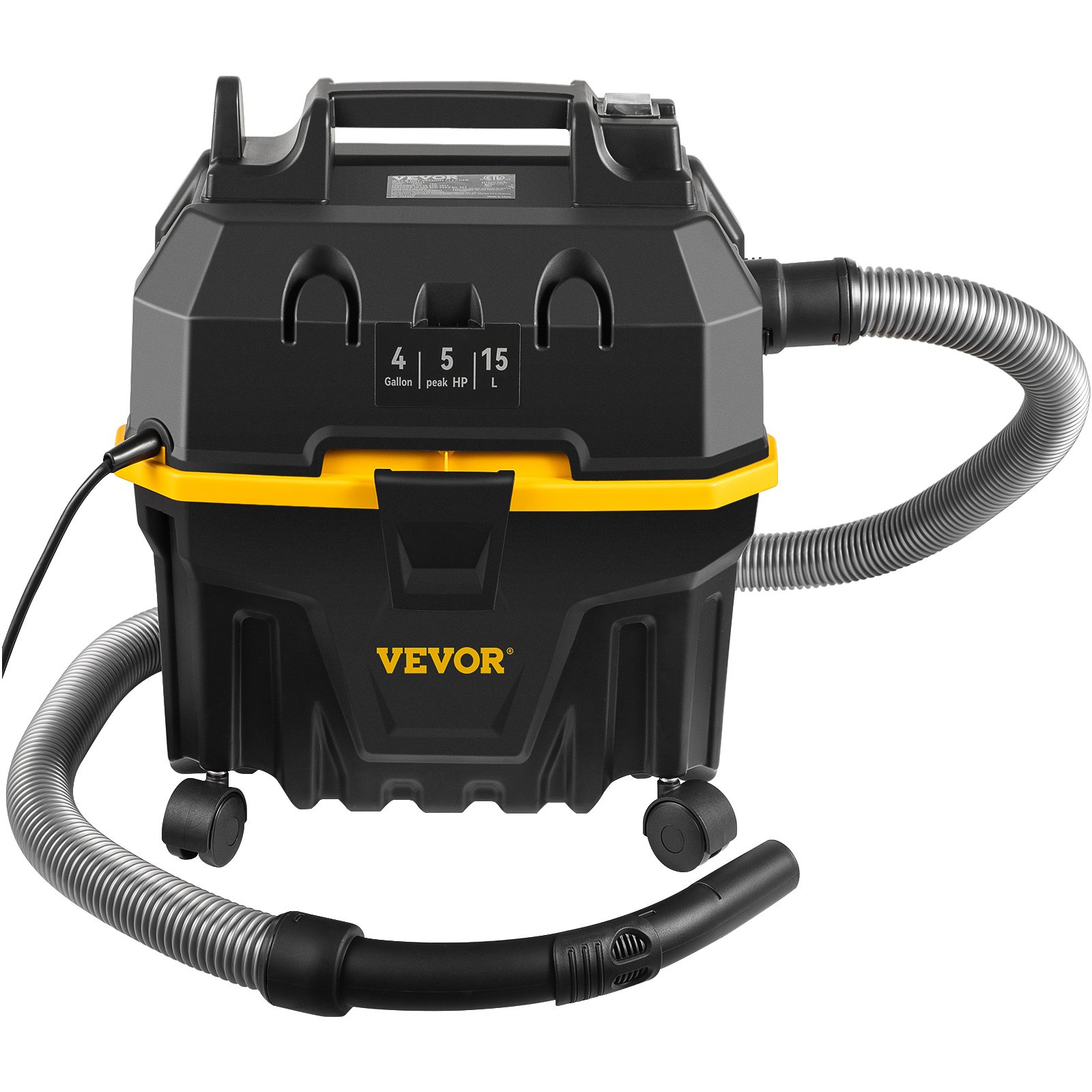 Aspiradora de taller VEVOR, negra y amarilla, potencia máxima de 5 hp, capacidad de 4 galones, manguera flexible, diseño compacto.