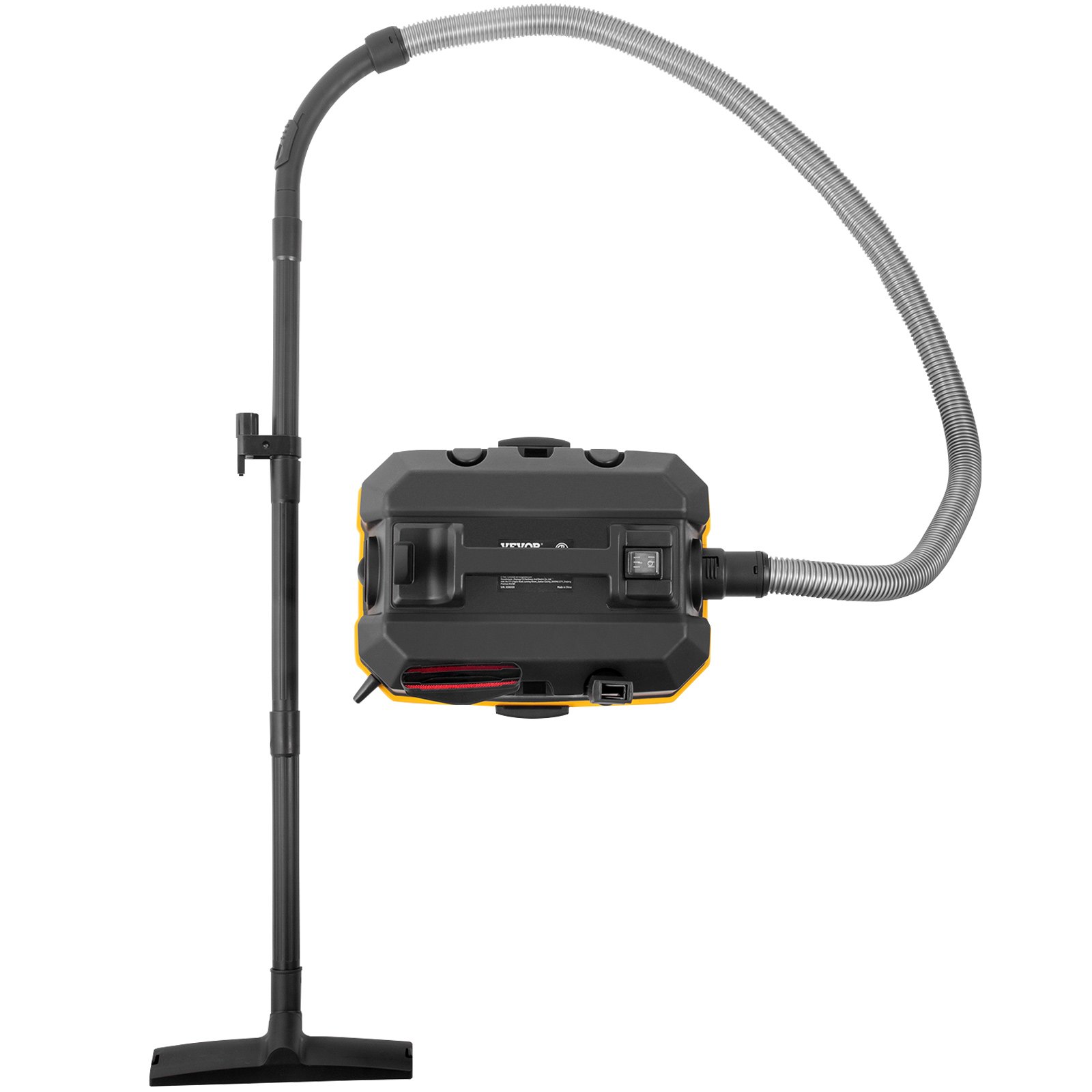 Aspiradora de taller VEVOR con manguera y soporte, negra y amarilla, ideal para tareas de limpieza pesadas.