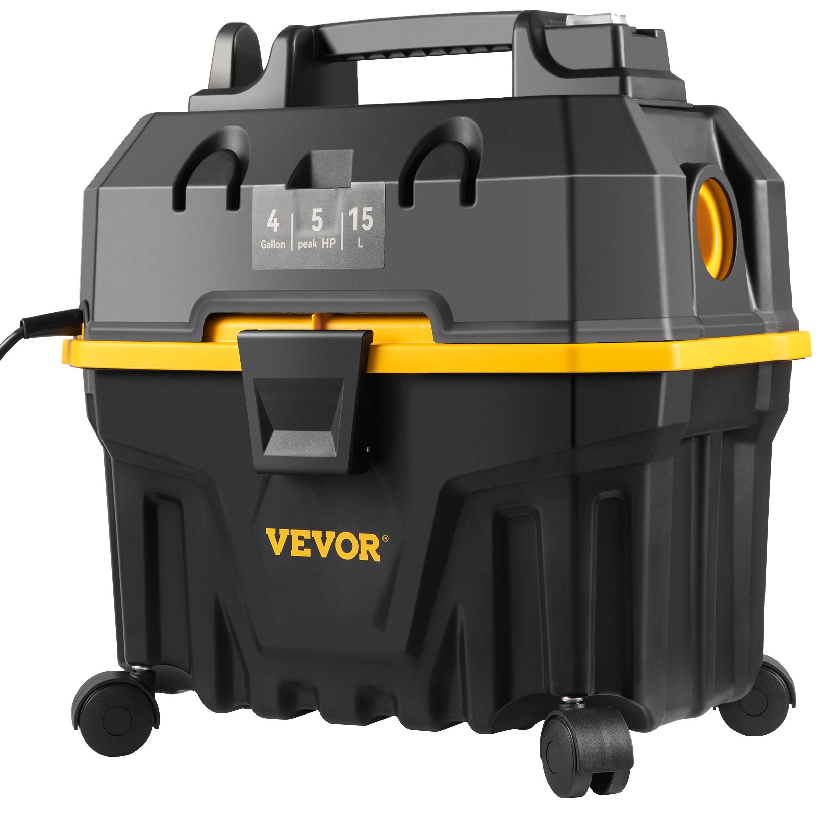 Aspiradora de taller VEVOR, capacidad de 4 galones, diseño negro y amarillo con ruedas y asa para portabilidad.