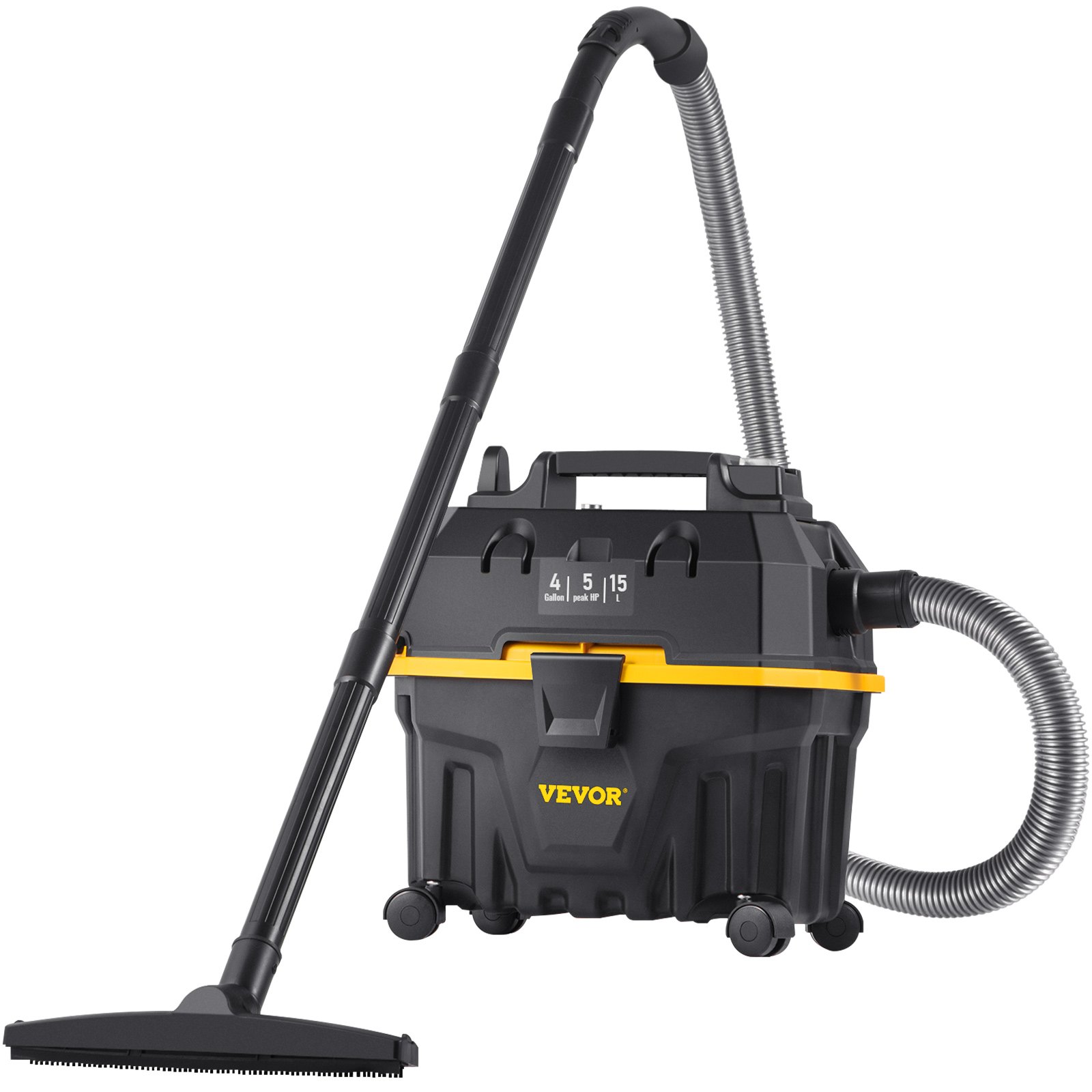 Aspiradora de taller VEVOR en color negro con detalles en amarillo, manguera flexible, ruedas grandes y varilla de limpieza adjunta.