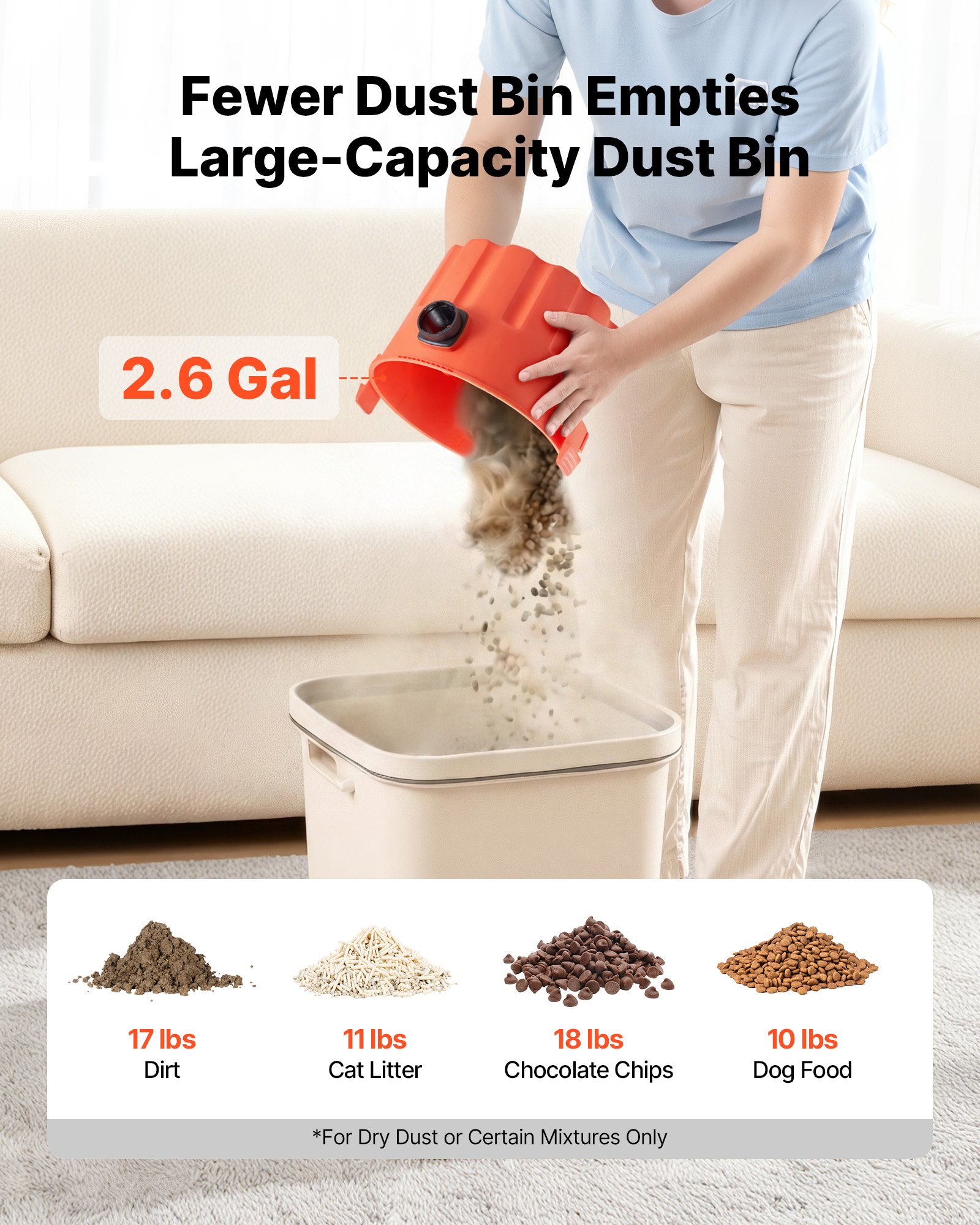 VEVOR Shop Vac, aspiradora de taller en seco de 2.6 galones, portátil de 2.5 HP con potencia máxima de entrada de 800 W, varias boquillas, manguera de 1.25 pulgadas de diámetro x 4 pies, cable de 9.2 pies para el hogar, garaje, obra, taller, color negro y naranja