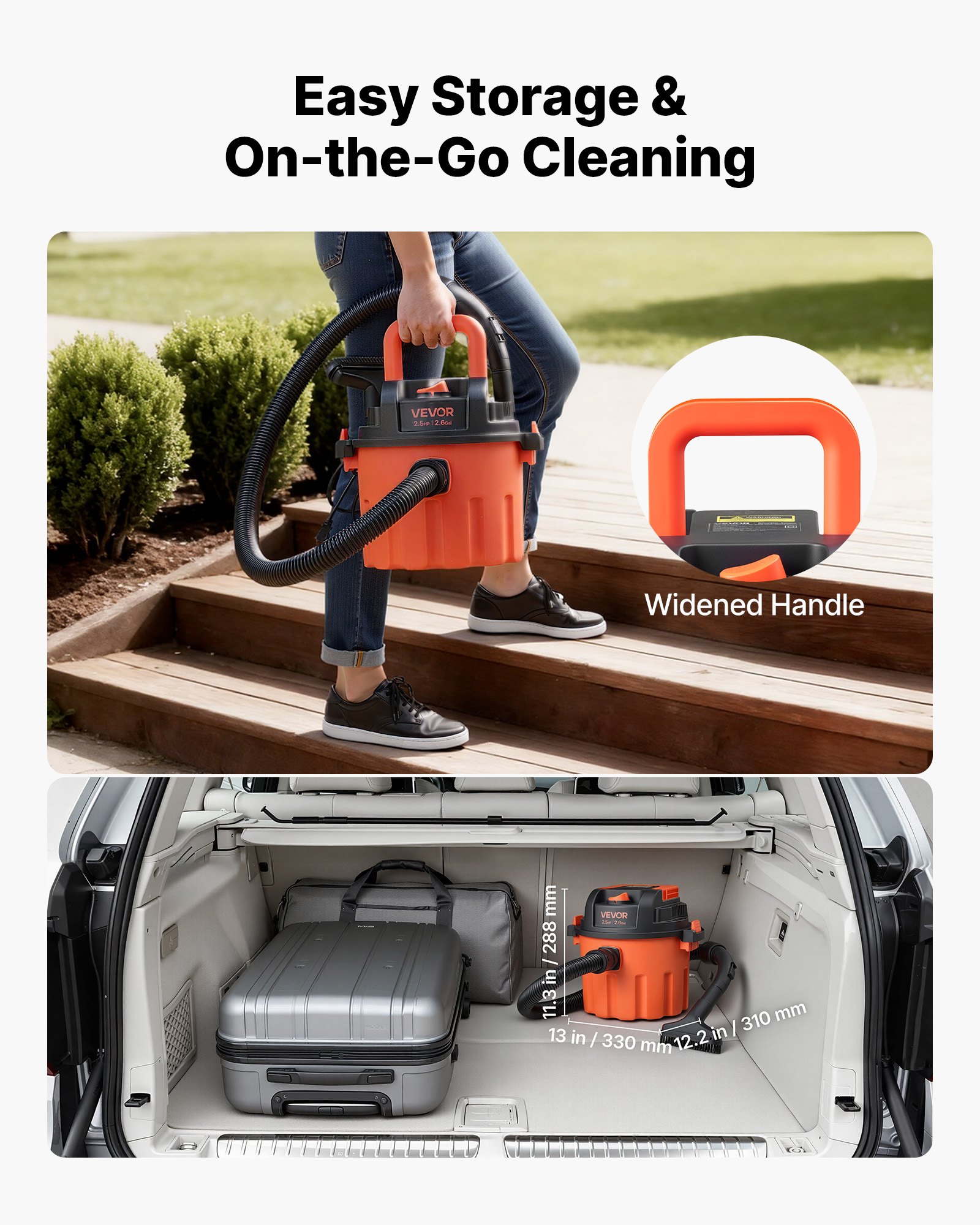 VEVOR Shop Vac, aspiradora de taller en seco de 2.6 galones, portátil de 2.5 HP con potencia máxima de entrada de 800 W, varias boquillas, manguera de 1.25 pulgadas de diámetro x 4 pies, cable de 9.2 pies para el hogar, garaje, obra, taller, color negro y naranja