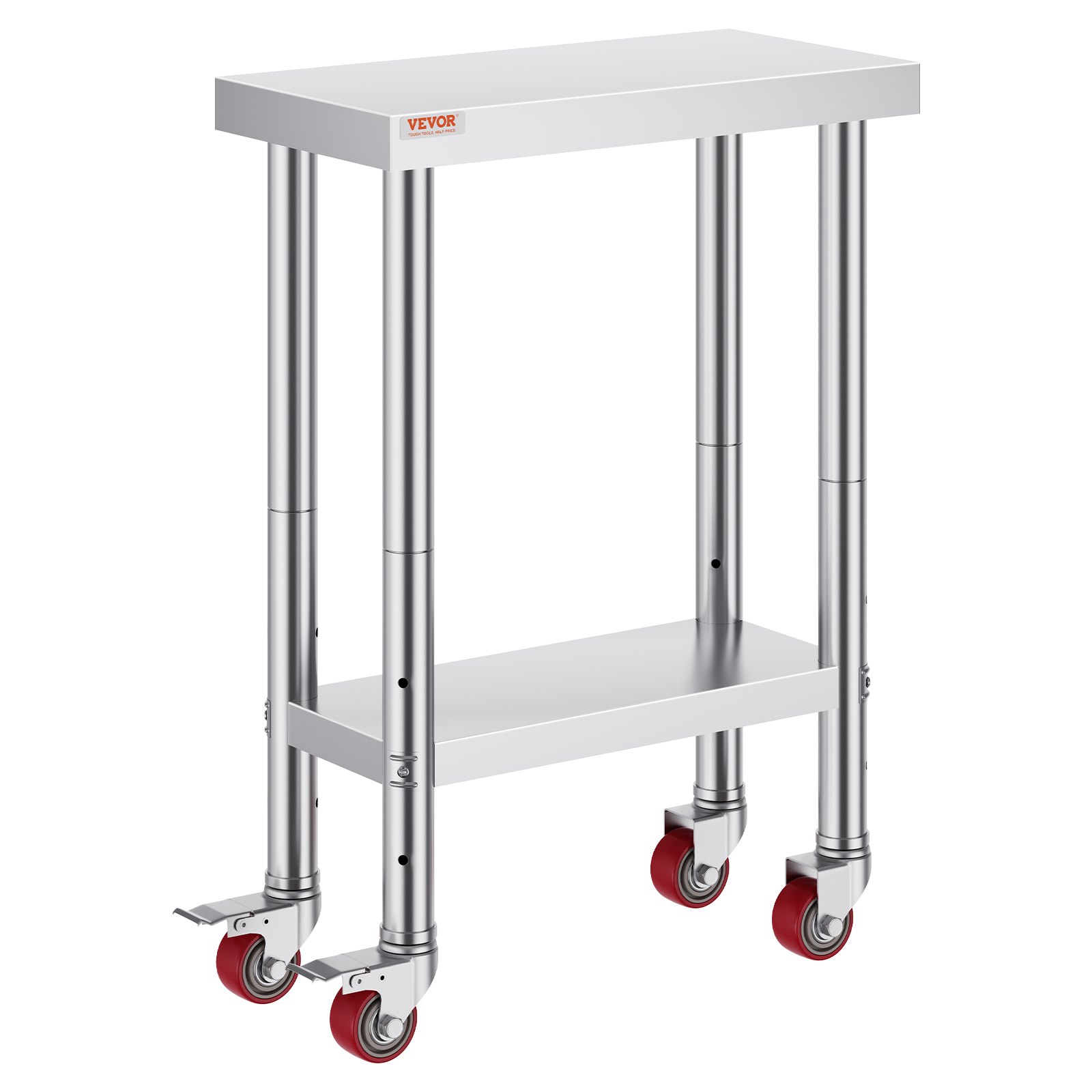 Mesa de trabajo de acero inoxidable VEVOR con estante inferior y ruedas rojas.