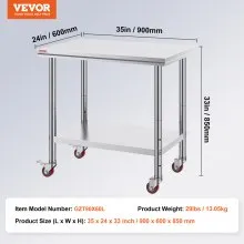 VEVOR Mesa Acero Inoxidable Mesa De Preparación Mesa De Trabajo Mesa De Cocina 36x24 Mesa de Preparación de Comida 661 lbs