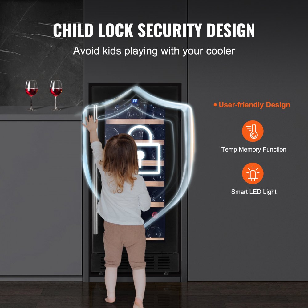 Vinoteca VEVOR con capacidad para 30 botellas, empotrable o independiente, con luz LED azul, puerta única, bloqueo para niños para cerveza, refrescos, vino y agua, homologada por ETL.