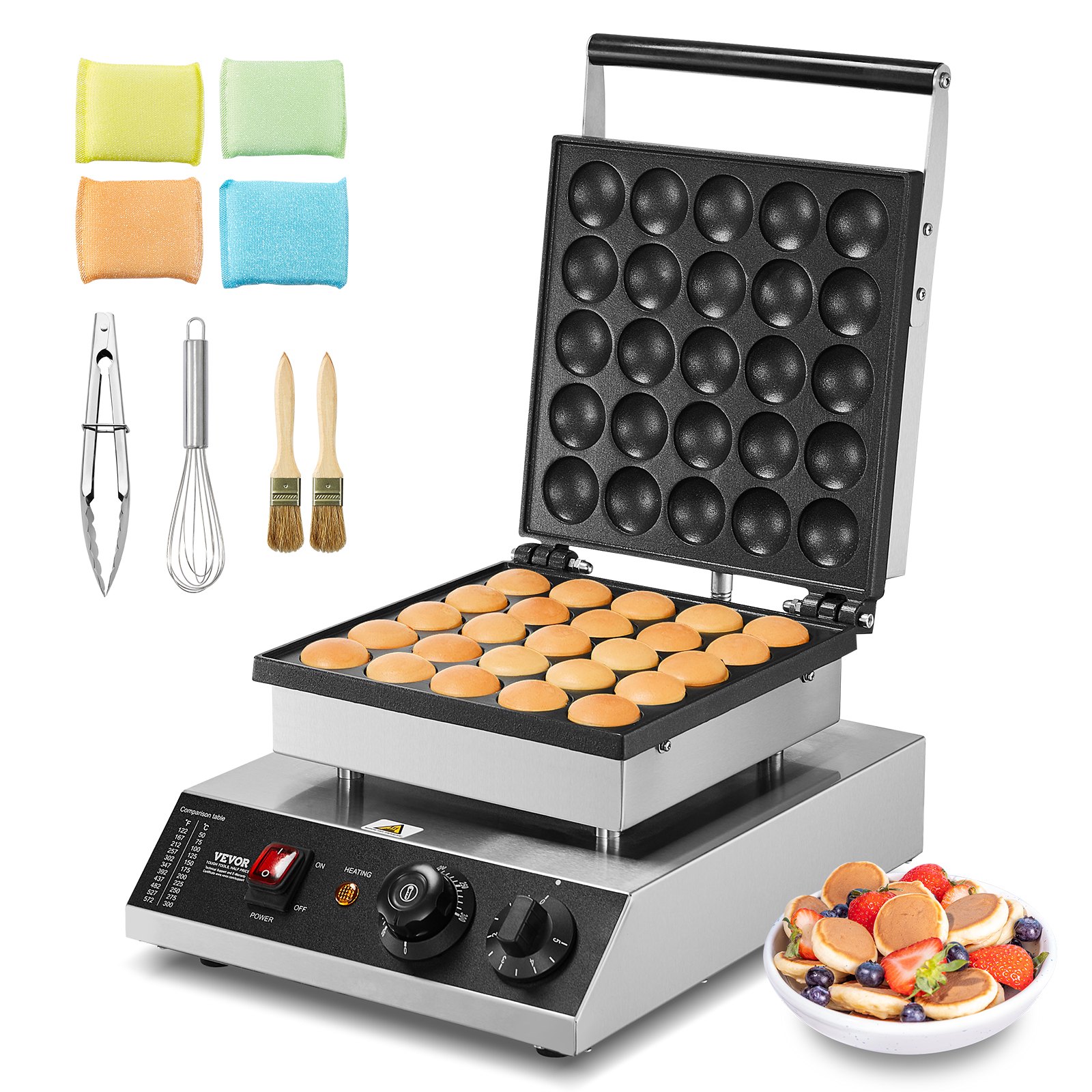 VEVOR Mini máquina holandesa para hacer panqueques, 25 piezas, 43 mm de diámetro, parrilla eléctrica comercial para poffertjes, 1700 W, acero inoxidable antiadherente, control de temperatura y tiempo, para cocina casera y restaurante