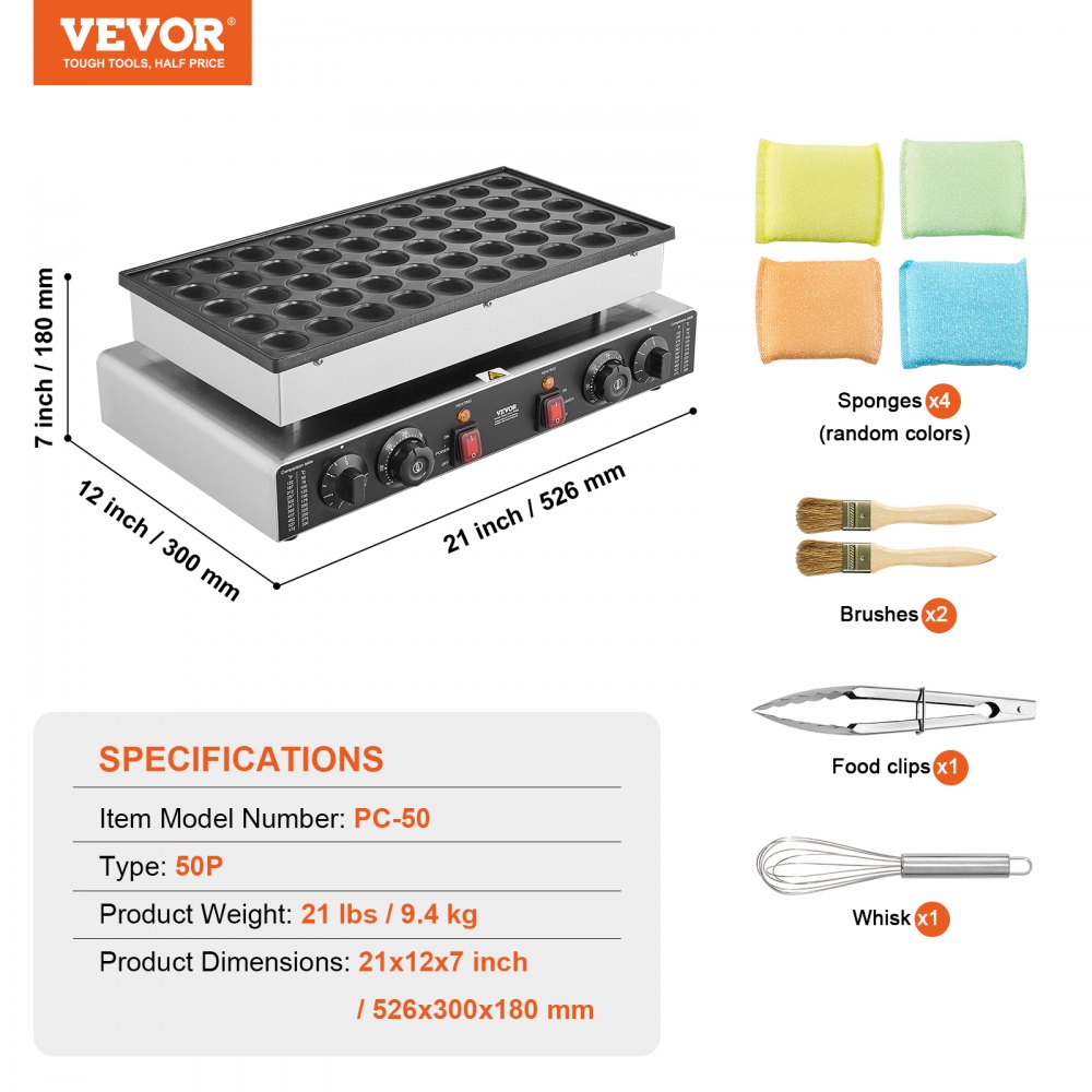 VEVOR Mini máquina holandesa para hacer panqueques, 50 unidades, 43 mm de diámetro, parrilla eléctrica comercial para poffertjes, 1700 W, acero inoxidable antiadherente, control dual de temperatura y tiempo, para cocina casera y restaurante