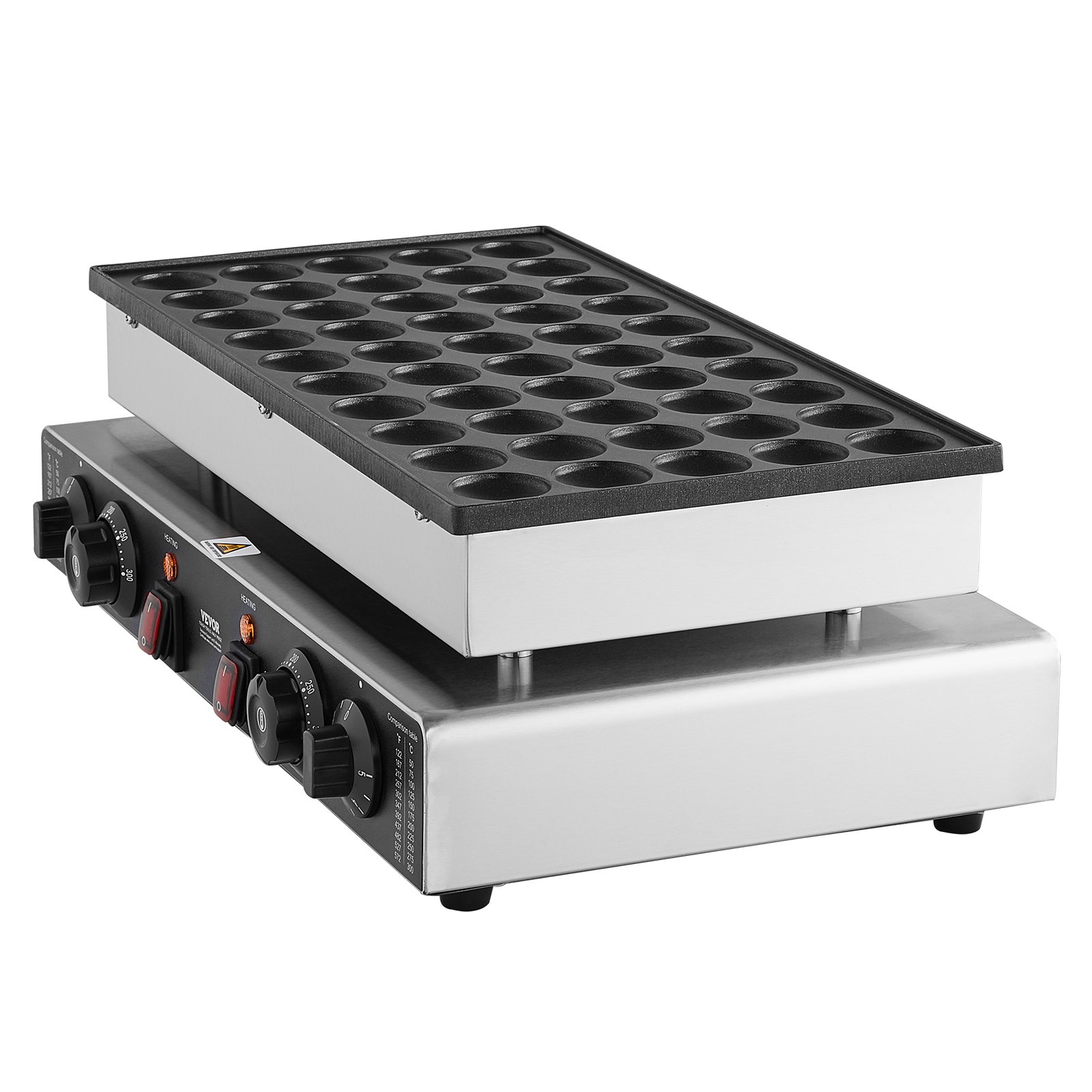 VEVOR Mini máquina holandesa para hacer panqueques, 50 unidades, 43 mm de diámetro, parrilla eléctrica comercial para poffertjes, 1700 W, acero inoxidable antiadherente, control dual de temperatura y tiempo, para cocina casera y restaurante