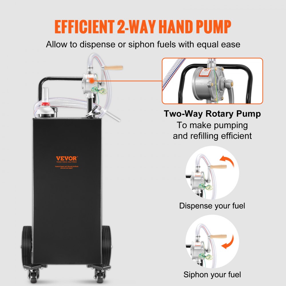 VEVOR - Contenedor de combustible de 30 galones, tanque de almacenamiento de gasolina y 4 ruedas, con bomba de transferencia manual, para autos, cortadoras de césped, vehículos todo terreno, botes y más, color negro