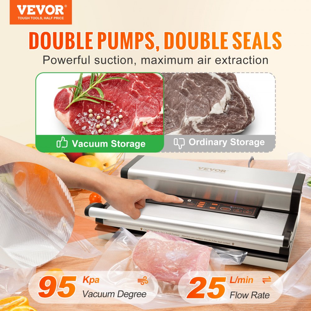 Máquina selladora al vacío VEVOR, 95 Kpa 350 W Potente bomba doble y sellado doble, almacenamiento de alimentos secos y húmedos, sistema de sellado de aire automático y manual con cortador incorporado, con bolsa de sellado y manguera externa
