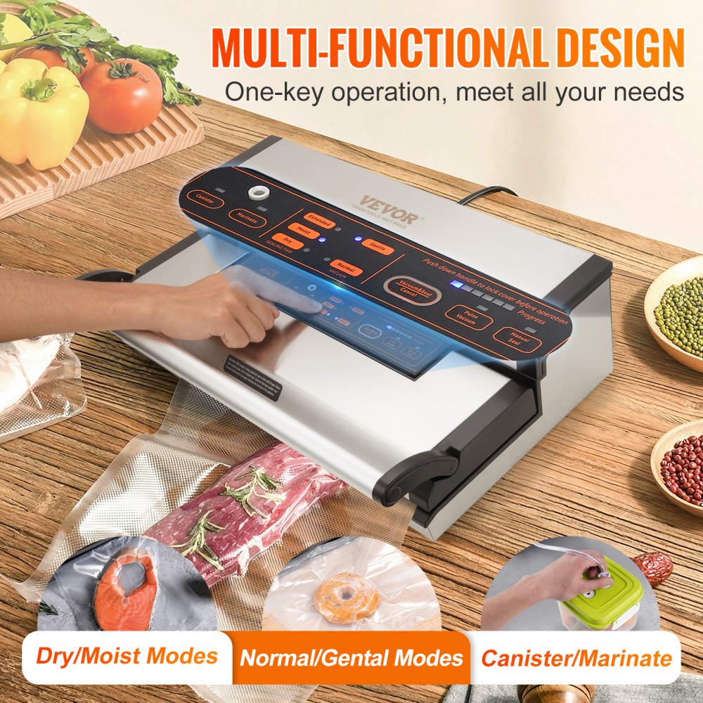 Máquina selladora al vacío VEVOR, 95 Kpa 350 W Potente bomba doble y sellado doble, almacenamiento de alimentos secos y húmedos, sistema de sellado de aire automático y manual con cortador incorporado, con bolsa de sellado y manguera externa