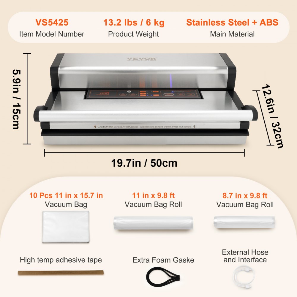 Máquina selladora al vacío VEVOR, 95 Kpa 350 W Potente bomba doble y sellado doble, almacenamiento de alimentos secos y húmedos, sistema de sellado de aire automático y manual con cortador incorporado, con bolsa de sellado y manguera externa