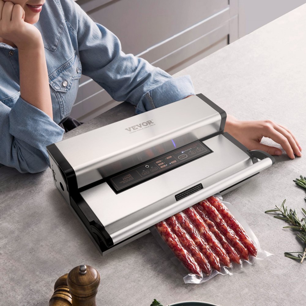 Máquina selladora al vacío VEVOR, 95 Kpa 350 W Potente bomba doble y sellado doble, almacenamiento de alimentos secos y húmedos, sistema de sellado de aire automático y manual con cortador incorporado, con bolsa de sellado y manguera externa