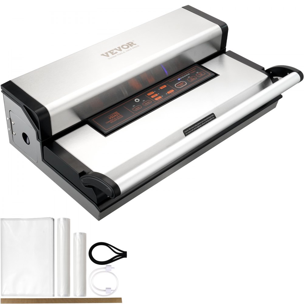 Máquina selladora al vacío VEVOR, 95 Kpa 350 W Potente bomba doble y sellado doble, almacenamiento de alimentos secos y húmedos, sistema de sellado de aire automático y manual con cortador incorporado, con bolsa de sellado y manguera externa