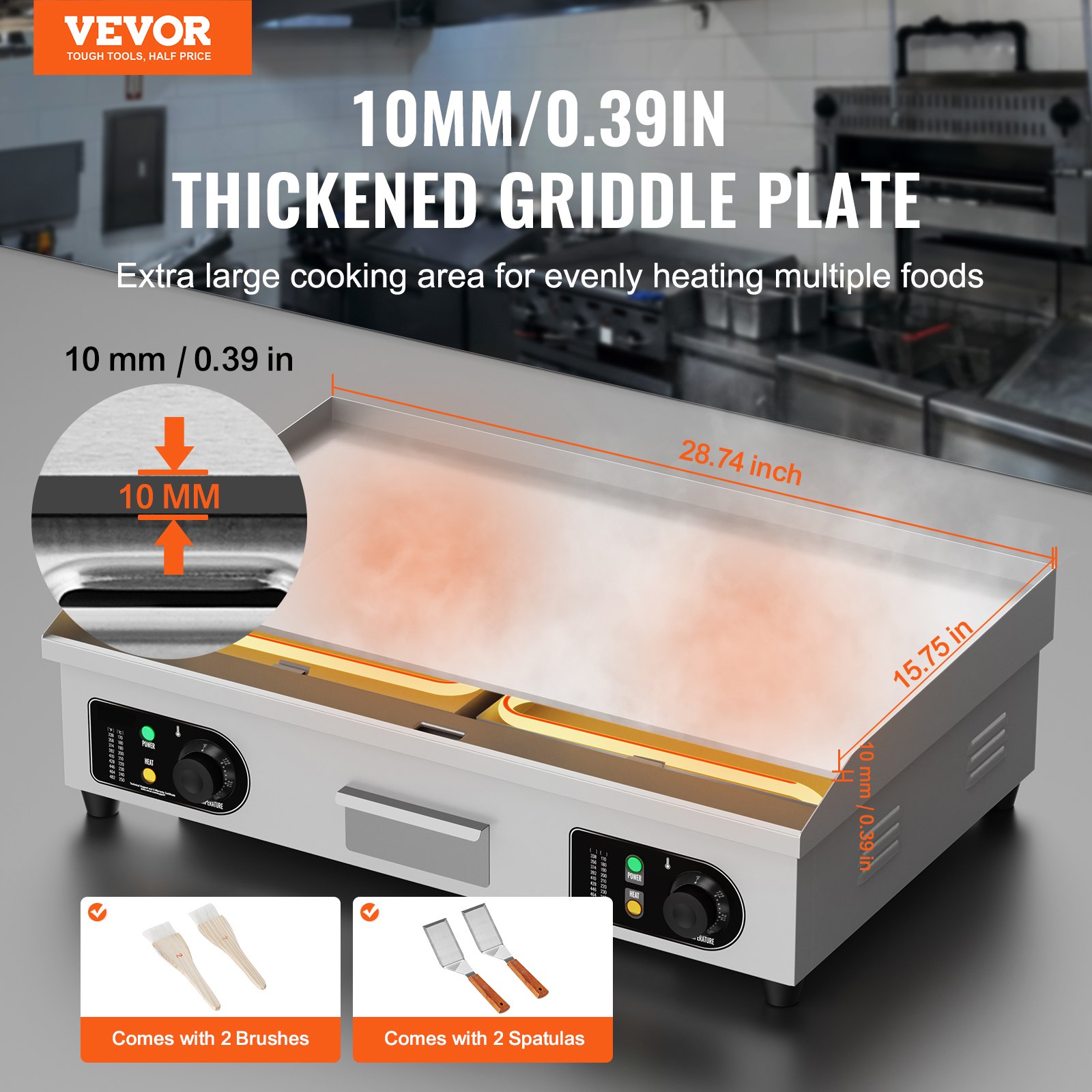 VEVOR - Plancha eléctrica comercial de 4400 W, parrilla de encimera plana, temperatura ajustable de 50 °C a 250 °C, 73 x 40 x 1 cm, acero inoxidable, con 2 palas, para uso doméstico o restaurante (sin enchufe).