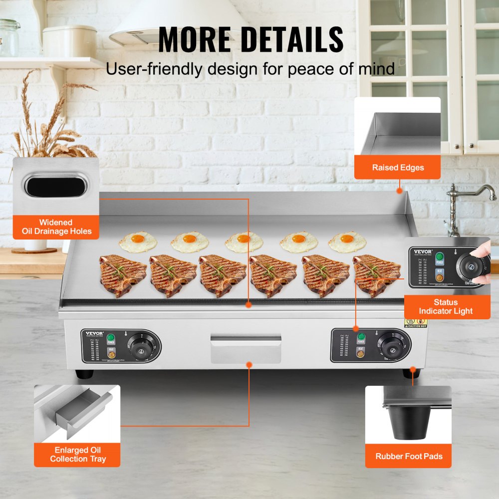 VEVOR - Plancha eléctrica comercial de 2800 W, parrilla de encimera plana, temperatura ajustable de 50 °C a 250 °C, 73 x 40 x 1 cm, acero inoxidable, con 2 palas, para restaurante (sin enchufe)