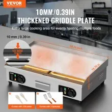 VEVOR - Plancha eléctrica comercial, 2800 W, parrilla de encimera plana, temperatura ajustable de 122 ℉ a 572 ℉, 28,74 x 15,75 x 0,39 pulgadas, plancha de acero inoxidable con 2 palas y 2 cepillos para el hogar o el restaurante