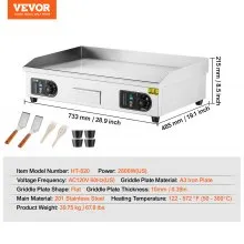 VEVOR - Plancha eléctrica comercial, 2800 W, parrilla de encimera plana, temperatura ajustable de 122 ℉ a 572 ℉, 28,74 x 15,75 x 0,39 pulgadas, plancha de acero inoxidable con 2 palas y 2 cepillos para el hogar o el restaurante
