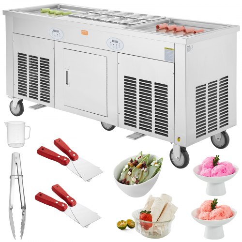 Máquina para hacer rollos de helado frito VEVOR, 2 bandejas cuadradas de 45 x 45 cm, de acero inoxidable, con compresor y 4 raspadores, para helado y yogur helado.