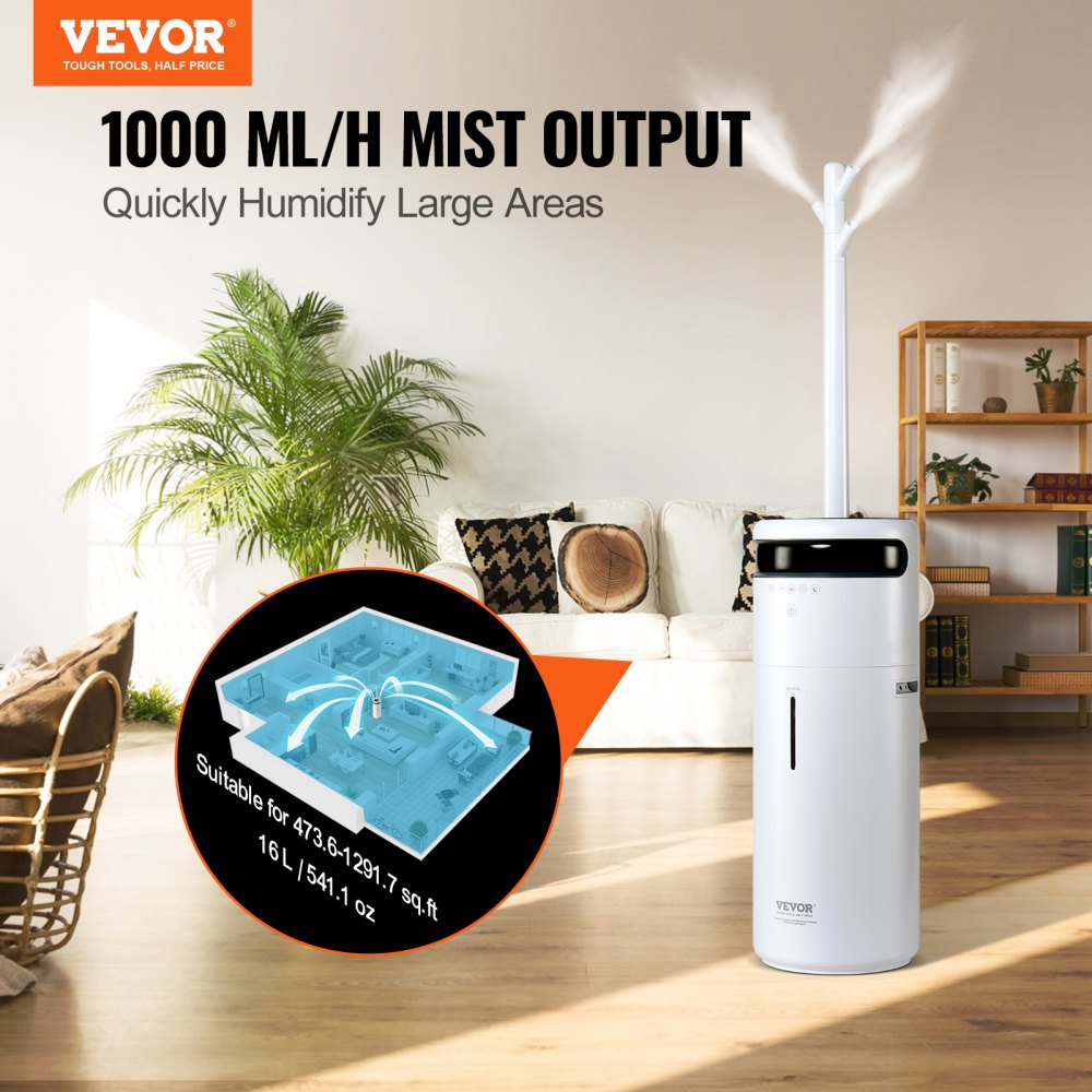 Humidificador VEVOR para habitaciones grandes, humidificador comercial para toda la casa (119,5 m²), tanque de agua de 16 l, luz nocturna, temporizador de 12 h y apagado automático, invernadero, tubo de ramificación comercial con boquilla de 360°.
