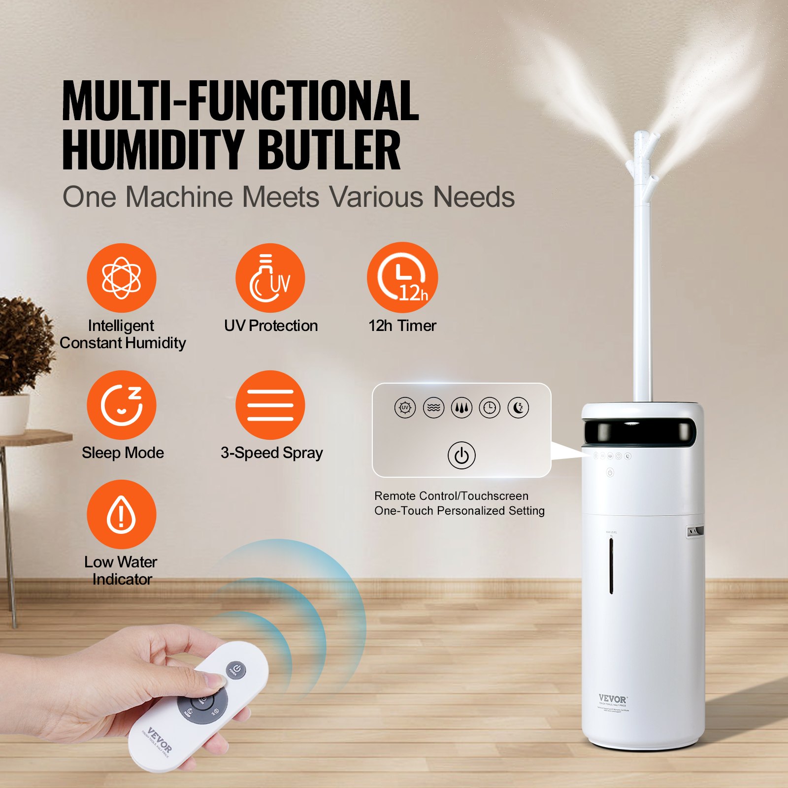 Humidificador VEVOR para habitaciones grandes, humidificador comercial para toda la casa (119,5 m²), tanque de agua de 16 l, luz nocturna, temporizador de 12 h y apagado automático, invernadero, tubo de ramificación comercial con boquilla de 360°.