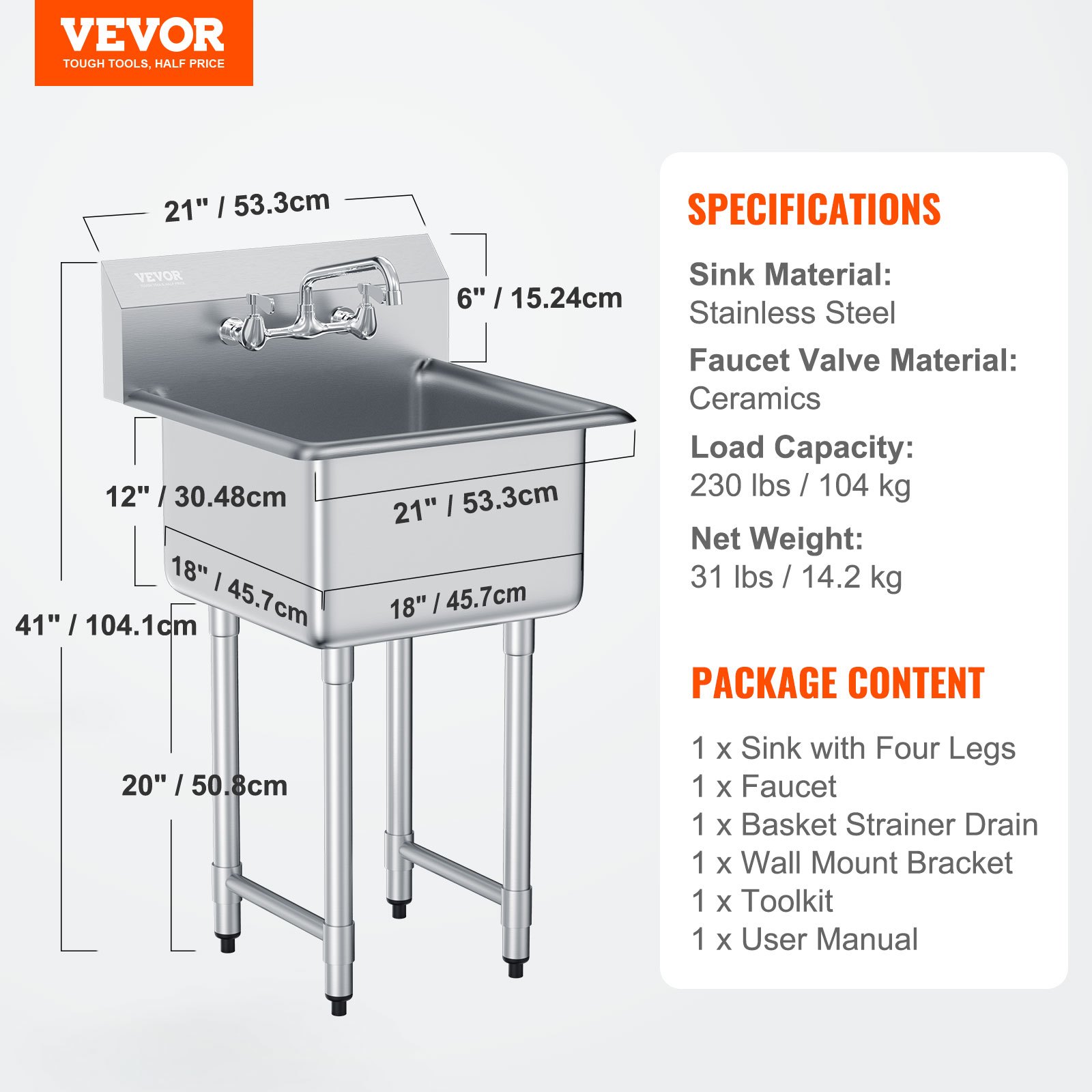 VEVOR Fregadero de preparación y uso de acero inoxidable, fregadero pequeño independiente de 1 compartimento que incluye grifo y patas, fregaderos comerciales de un solo tazón de 21"x41" para garaje,