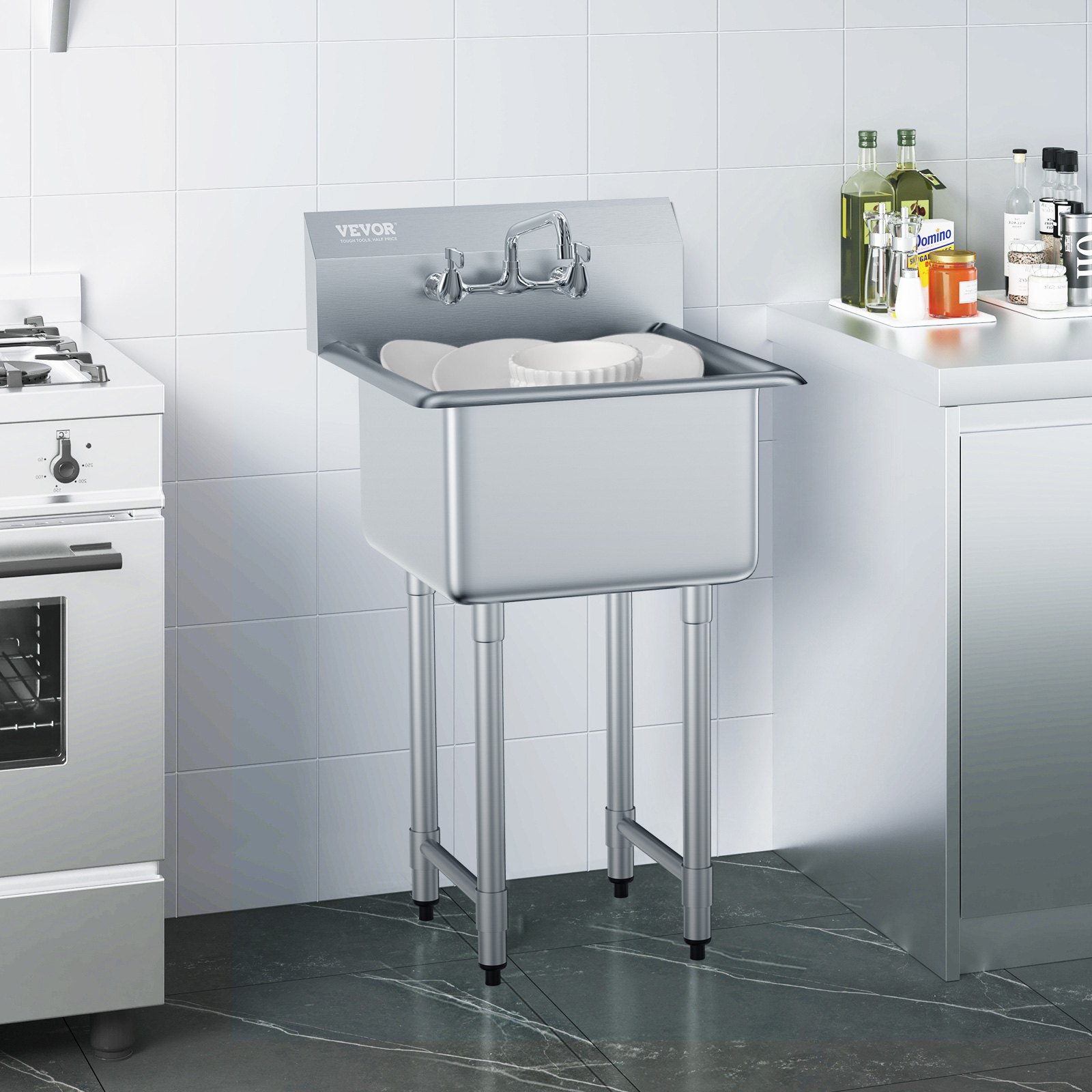 VEVOR Fregadero de preparación y uso de acero inoxidable, fregadero pequeño independiente de 1 compartimento que incluye grifo y patas, fregaderos comerciales de un solo tazón de 21"x41" para garaje,