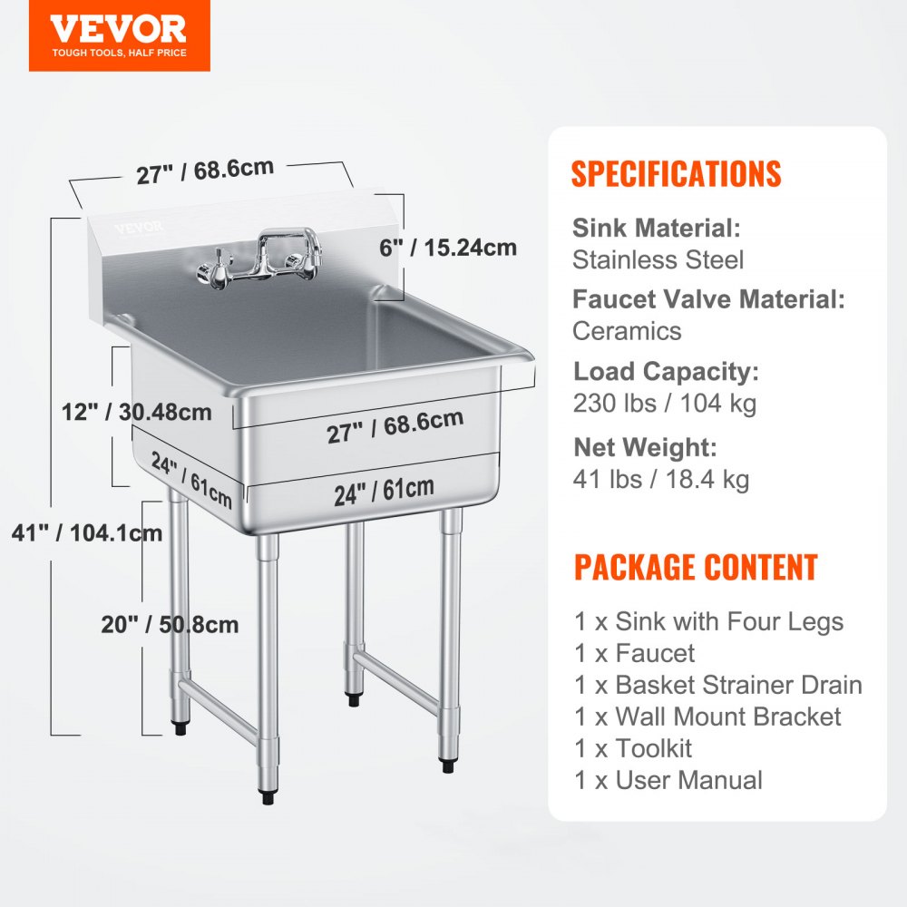 VEVOR Fregadero de preparación y uso de acero inoxidable, fregadero pequeño independiente de 1 compartimento que incluye grifo y patas, fregaderos comerciales de un solo tazón de 27 "x 41" para garaje, restaurante, cocina, lavandería, certificado NSF