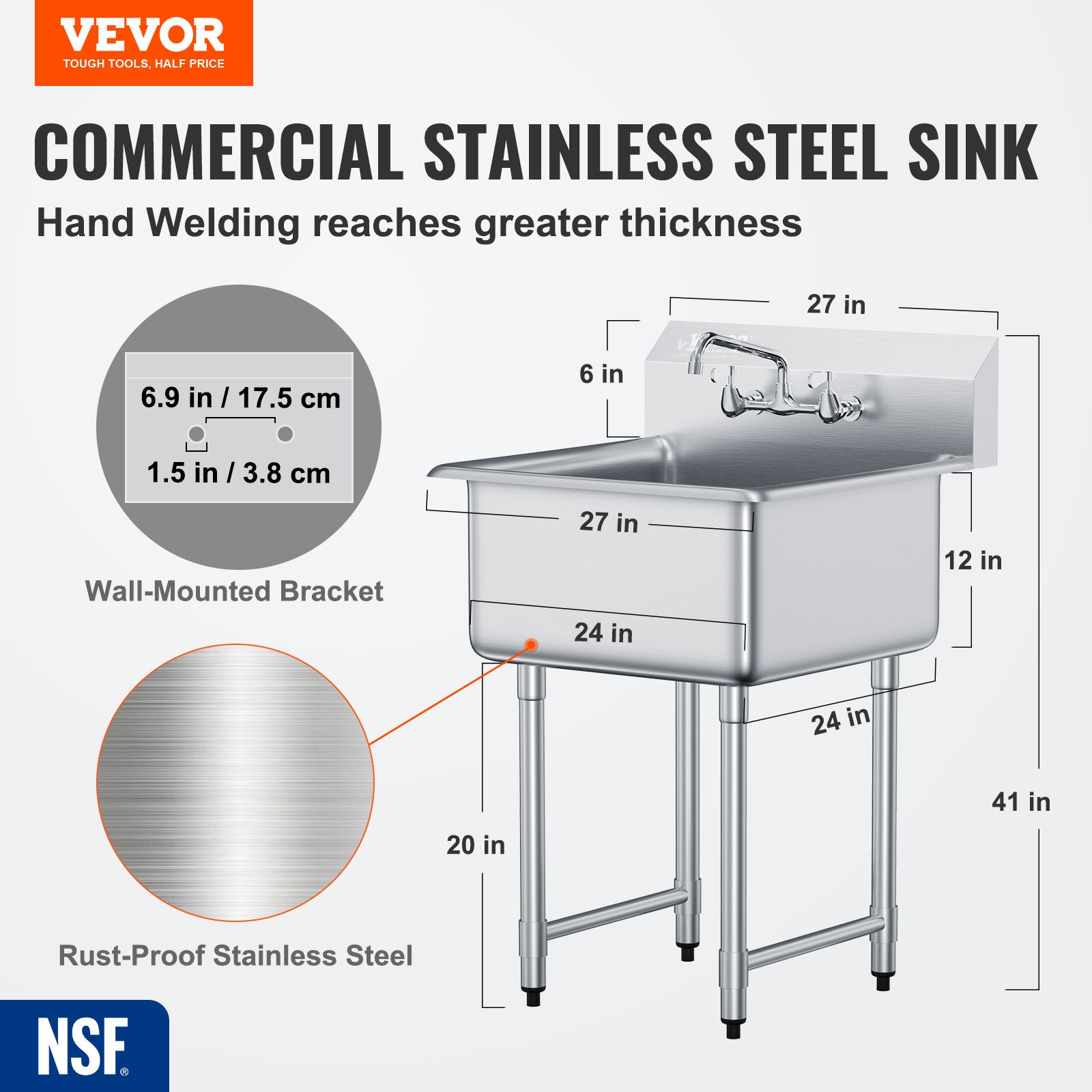 VEVOR Fregadero de preparación y uso de acero inoxidable, fregadero pequeño independiente de 1 compartimento que incluye grifo y patas, fregaderos comerciales de un solo tazón de 27 "x 41" para garaje, restaurante, cocina, lavandería, certificado NSF