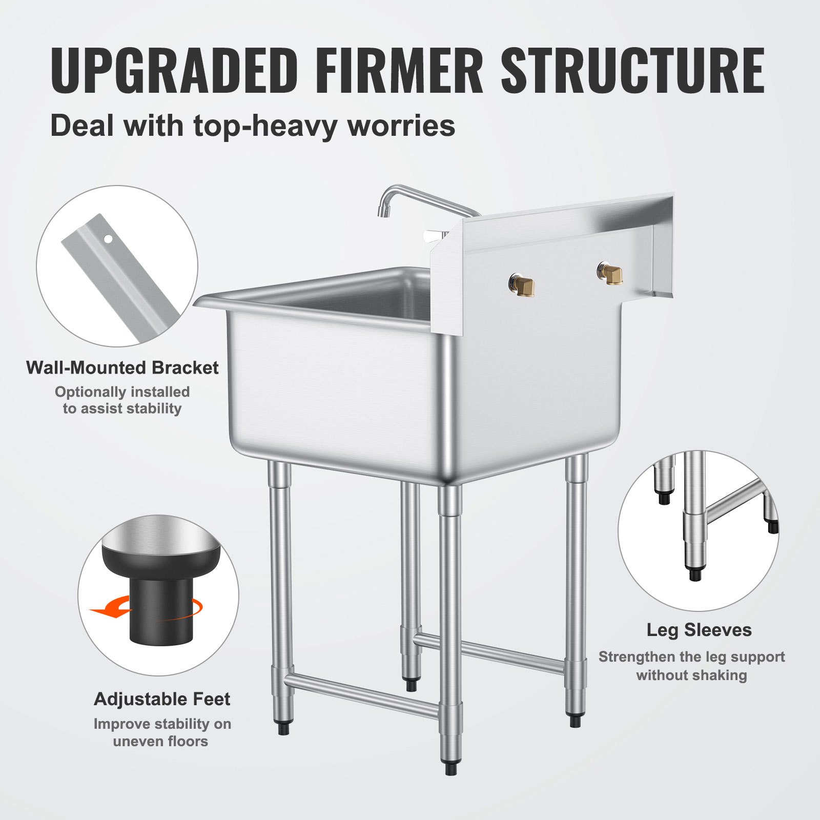 Fregadero de acero inoxidable VEVOR para uso general y preparación, fregadero pequeño independiente de 1 compartimento, incluye grifo y patas, fregaderos comerciales de un solo tazón de 27" x 41" para garaje, restaurante, cocina, lavandería, certificado por NSF