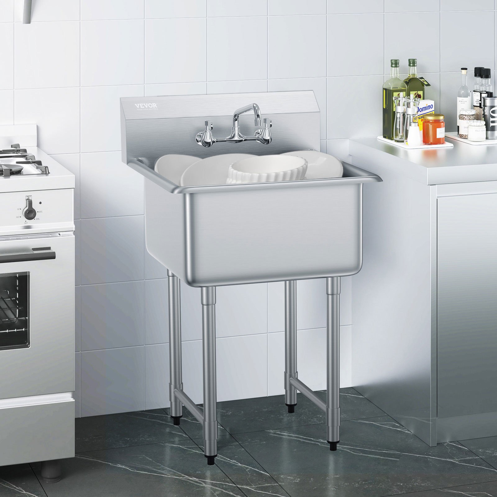 Fregadero de acero inoxidable VEVOR para uso general y preparación, fregadero pequeño independiente de 1 compartimento, incluye grifo y patas, fregaderos comerciales de un solo tazón de 27" x 41" para garaje, restaurante, cocina, lavandería, certificado por NSF