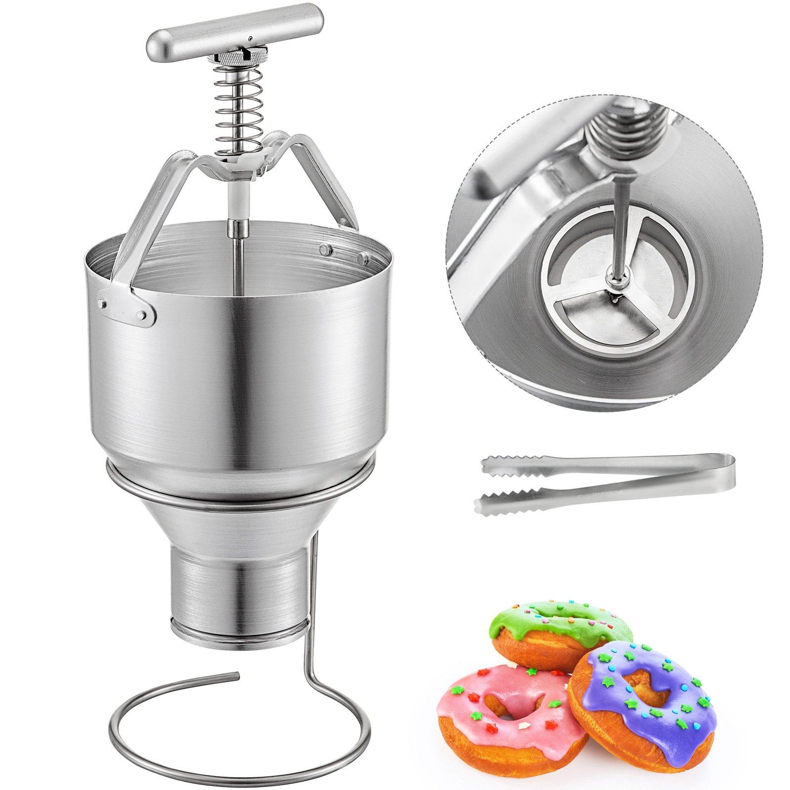 Depositador de donas VEVOR con diseño de acero inoxidable, pinzas y donas de colores.