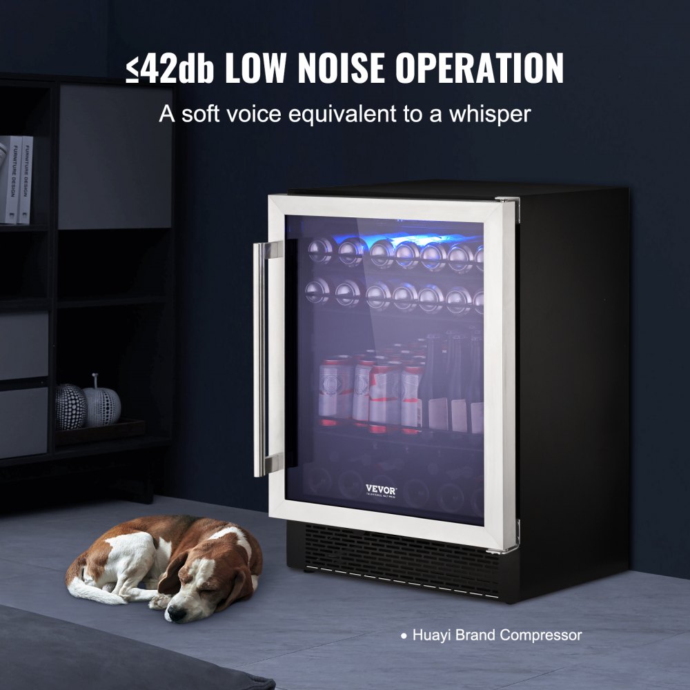 VEVOR Refrigerador de bebidas de 24 pulgadas, 154 latas debajo del mostrador, refrigerador de cerveza incorporado o independiente, luz LED azul, bloqueo para niños, estantes ajustables, ETL