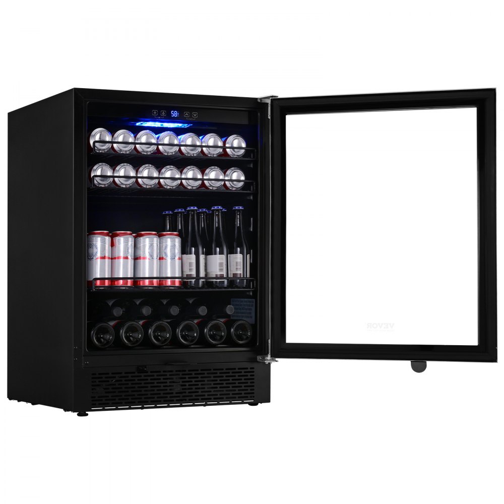 VEVOR Refrigerador de bebidas de 24 pulgadas, 154 latas debajo del mostrador, refrigerador de cerveza incorporado o independiente, luz LED azul, bloqueo para niños, estantes ajustables, ETL
