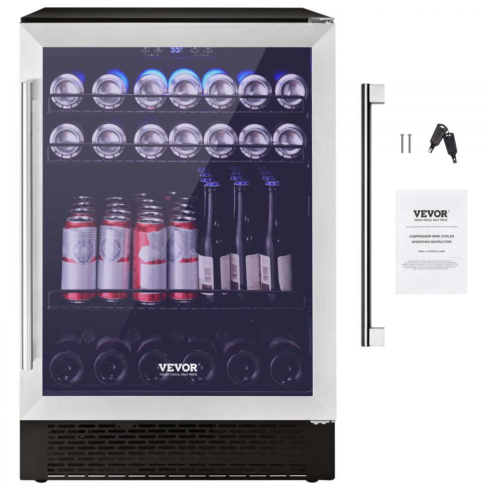 VEVOR Refrigerador de bebidas de 24 pulgadas, 154 latas debajo del mostrador, refrigerador de cerveza incorporado o independiente, luz LED azul, bloqueo para niños, estantes ajustables, ETL