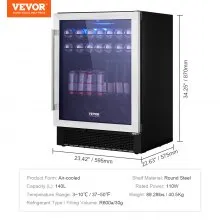 Enfriador de vino VEVOR, capacidad de 154 latas debajo del mostrador, refrigerador de vino integrado o independiente, enfriador de bebidas con luz LED azul, puerta única, bloqueo para niños para beber cerveza, soda, vino, agua, lista ETL