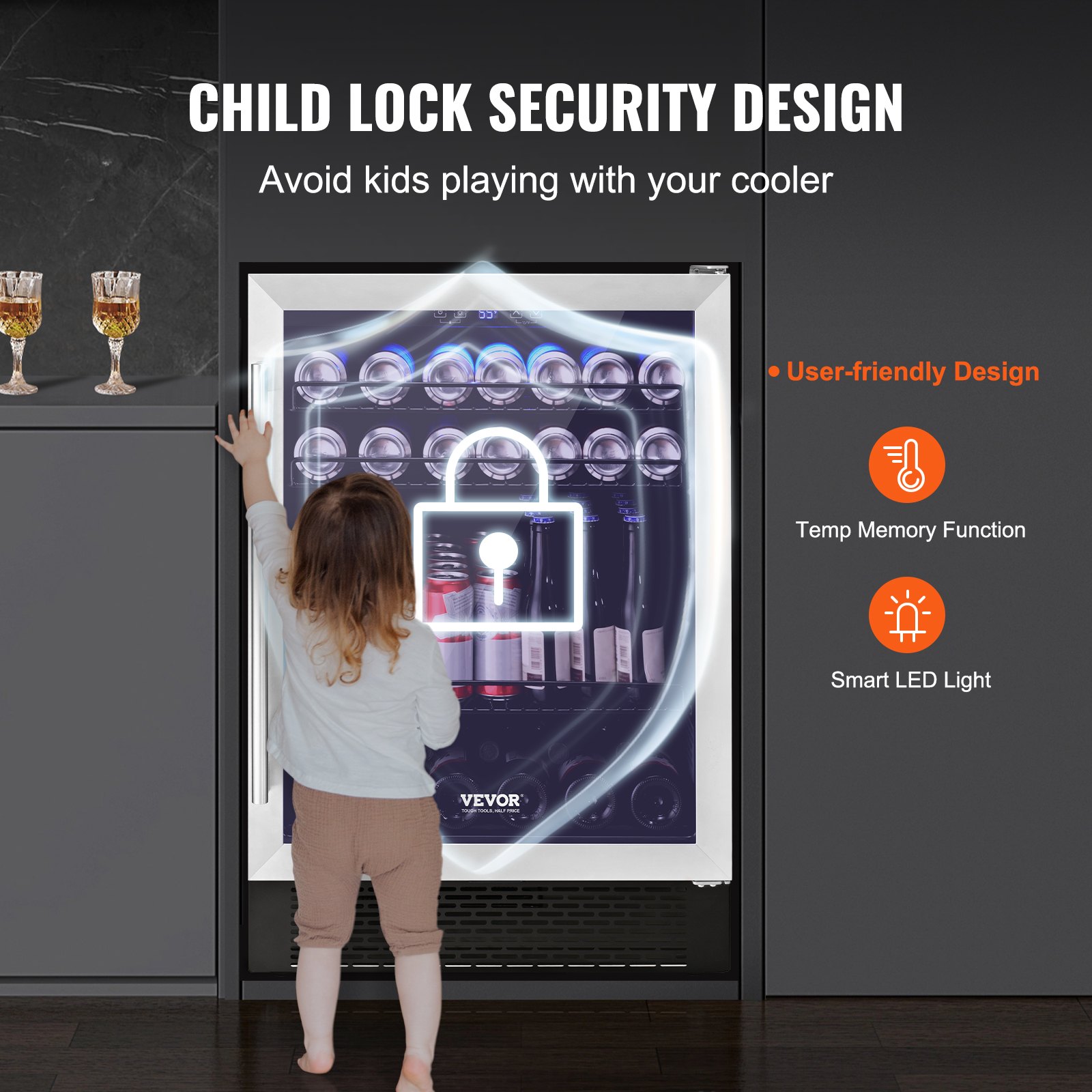 VEVOR Refrigerador de bebidas de 24 pulgadas, 154 latas debajo del mostrador, refrigerador de cerveza incorporado o independiente, luz LED azul, bloqueo para niños, estantes ajustables, ETL