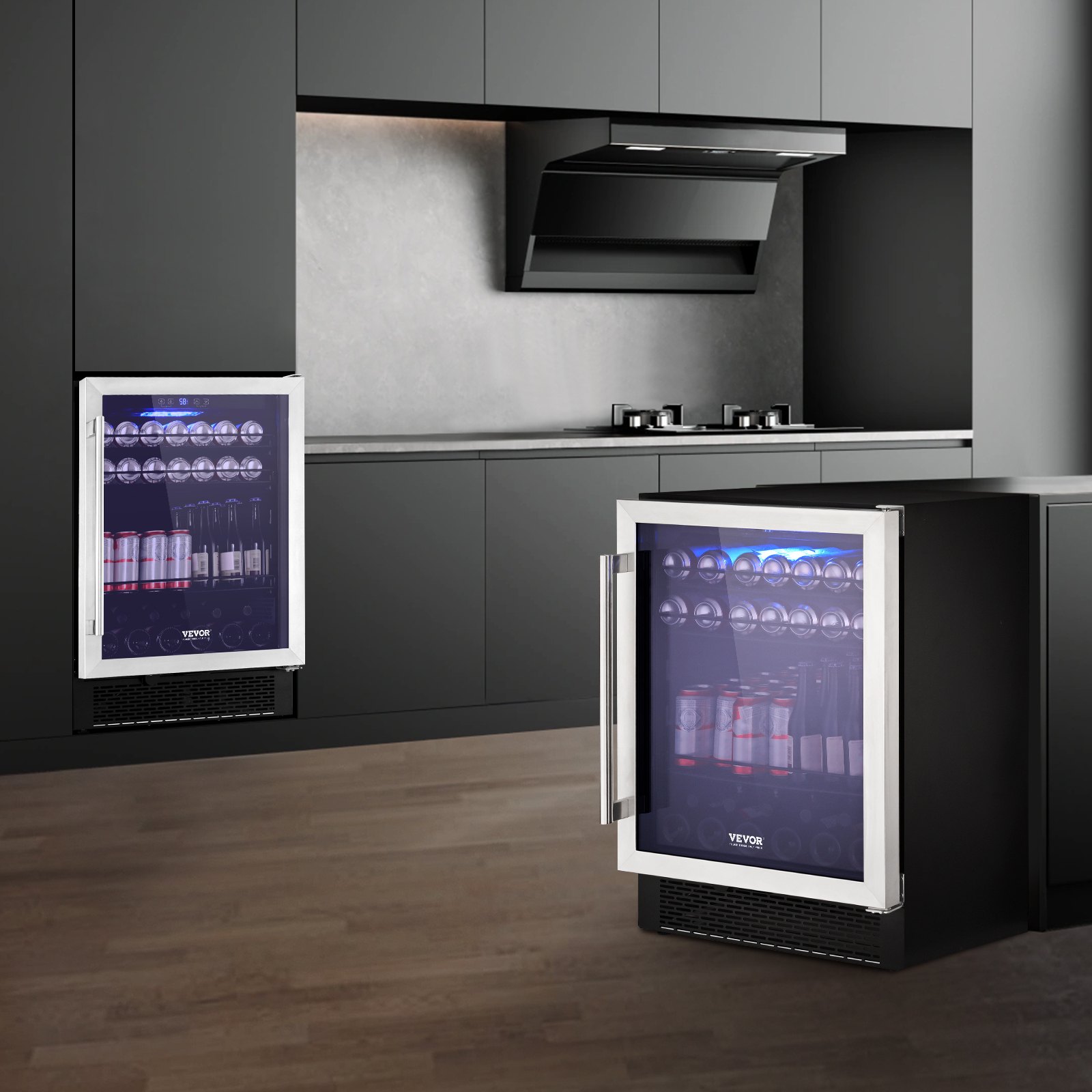 VEVOR Refrigerador de bebidas de 24 pulgadas, 154 latas debajo del mostrador, refrigerador de cerveza incorporado o independiente, luz LED azul, bloqueo para niños, estantes ajustables, ETL