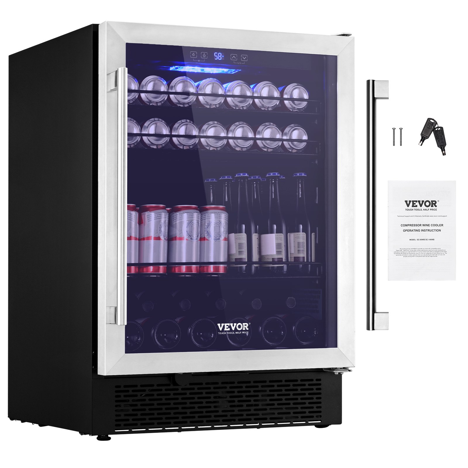 VEVOR Refrigerador de bebidas de 24 pulgadas, 154 latas debajo del mostrador, refrigerador de cerveza incorporado o independiente, luz LED azul, bloqueo para niños, estantes ajustables, ETL